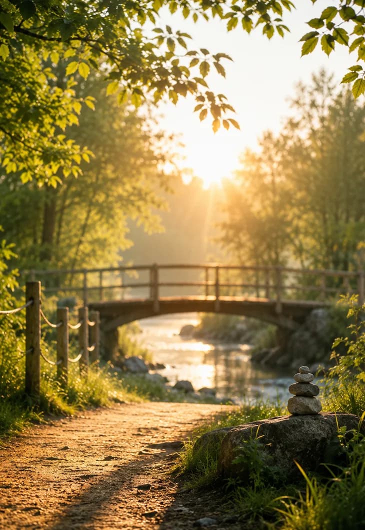 Holzbrücke über einen Bach im warmen Abendlicht