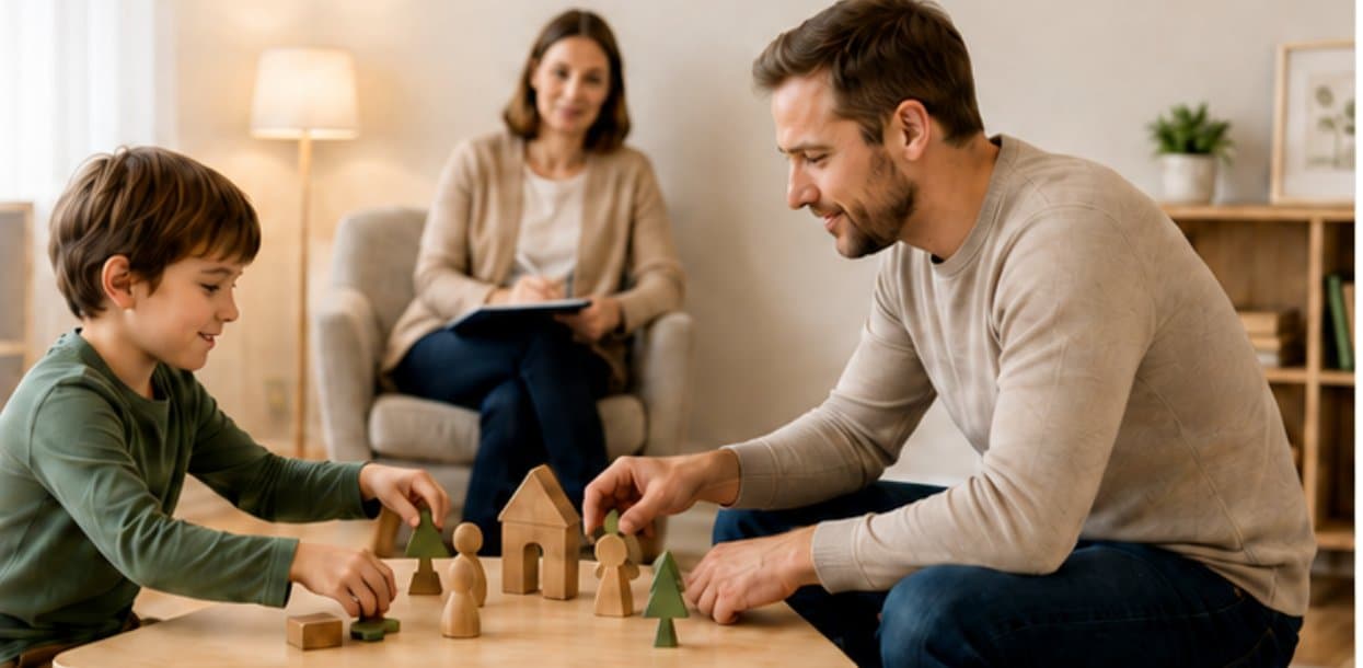 Kind spielt mit Holzfiguren, begleitet von Bezugsperson und Fachperson