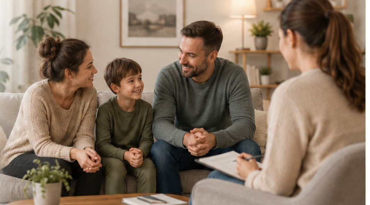 Familie im Gespräch mit einer Fachperson im Wohnzimmer
