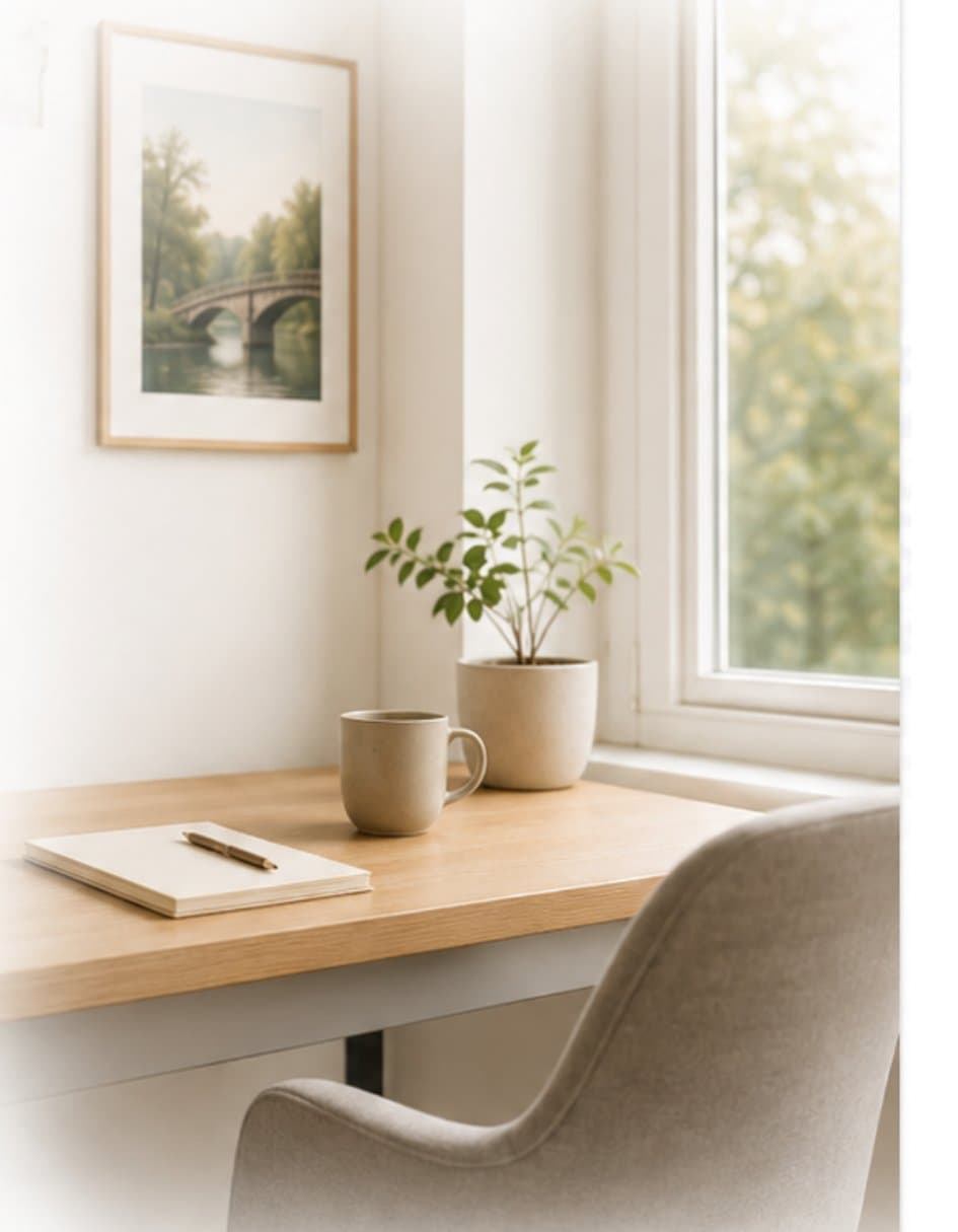 Heller Arbeitsplatz am Fenster mit Pflanze und Notizbuch
